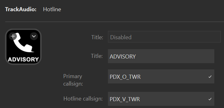 Screenshot of a hotline action, with the fields populated as described in the above table.